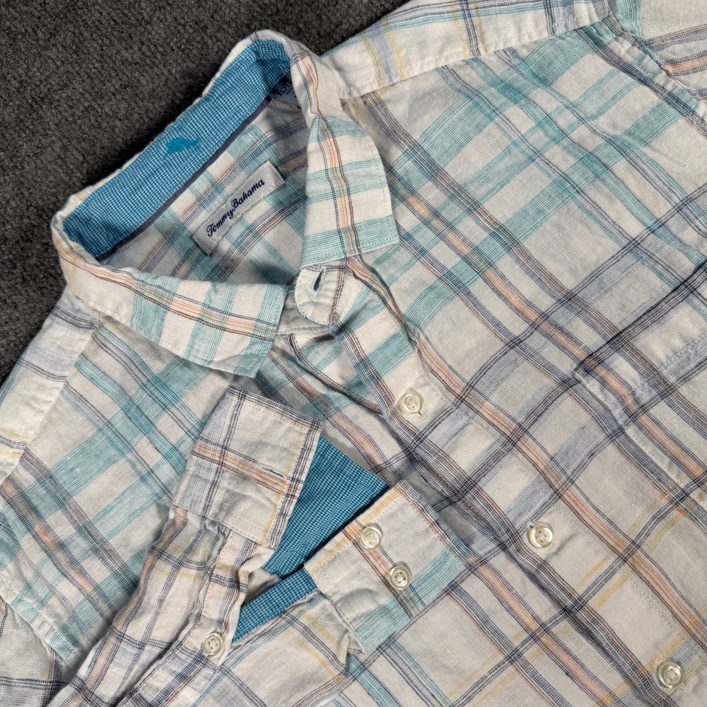 Tommy Bahama Mens XL Linen Plaid Button Down Shirt Blue White ST325457 #4307